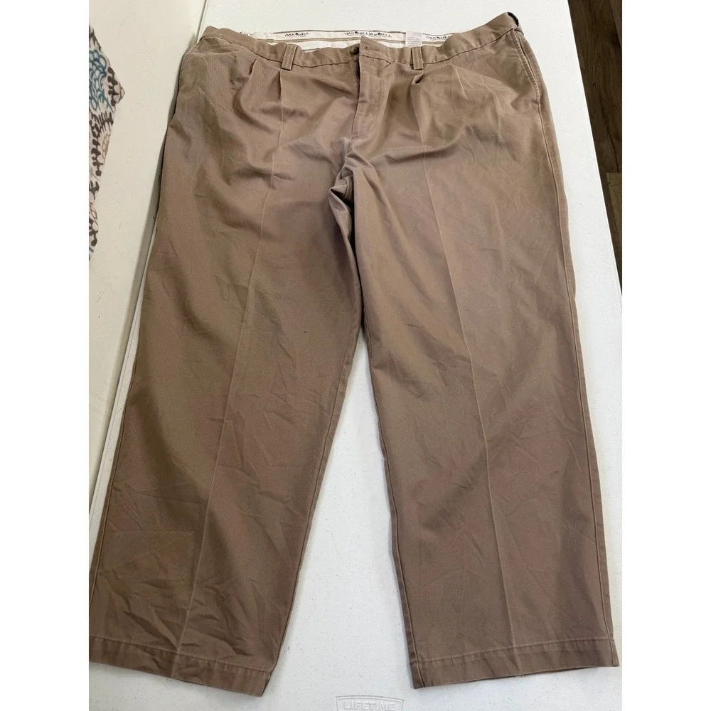 Oak Hill Premium Pant Mens 48x28 Khaki Tan Pleated Front Relaxed Straight Chinos